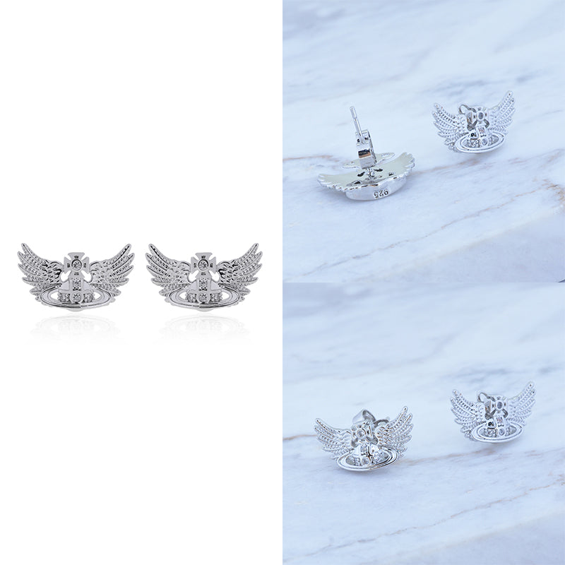 Angel Wings Design Silver Orb Pendant Earrings