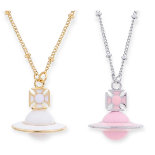 Pastel Outlined Pendant Orb Necklace White & Baby Pink (2 Colors)