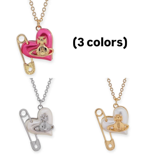 Heart Safety Pin Paperclip Asymmetrical Pearl Orb Design Necklace (3 Colors)