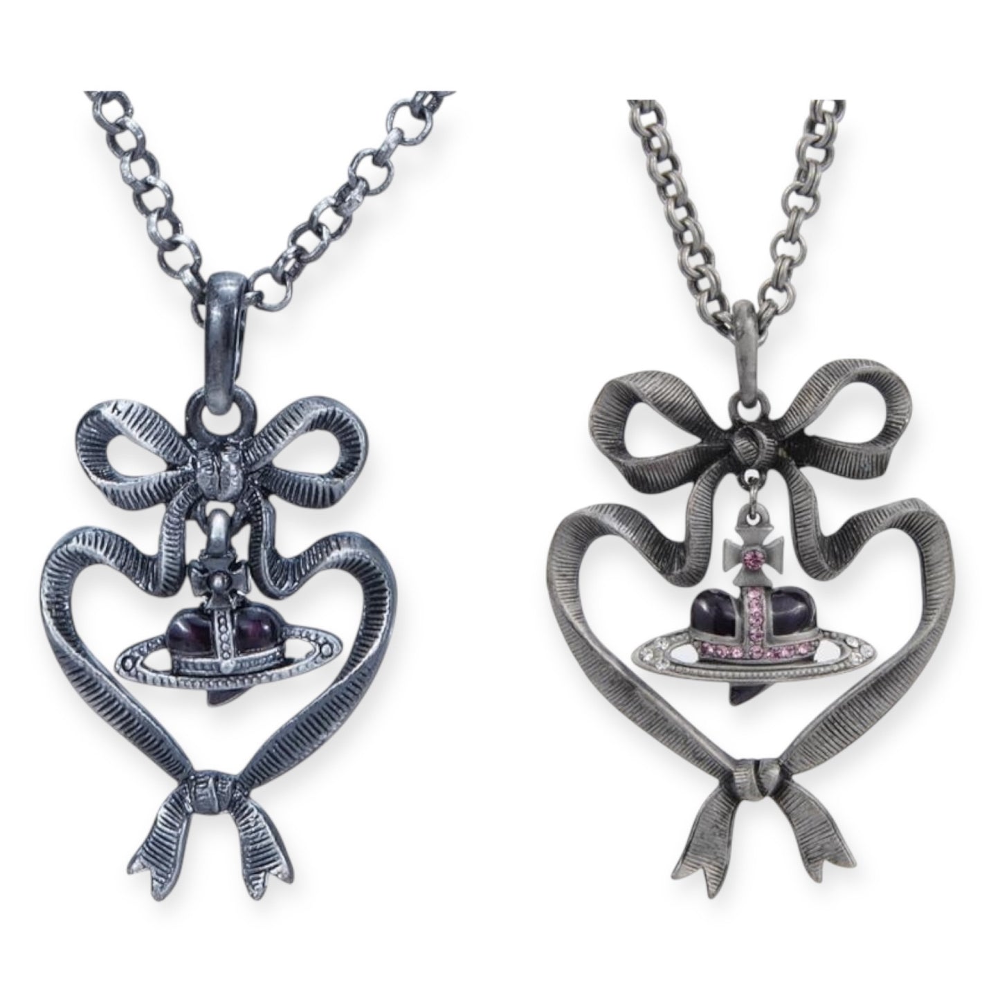 Double Ribbon Heart Gem Pendant Necklace (2 colors)