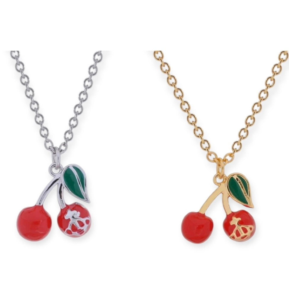 Cherry Fruit Engraved Orb Pendant Necklace Silver & Gold (2 Colors)