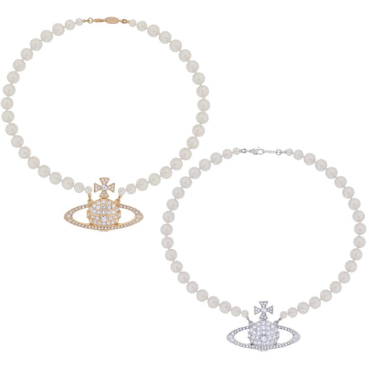 Pearl Gem Studded Orb Pendant Choker Necklace Gold & Silver (2 Colors)