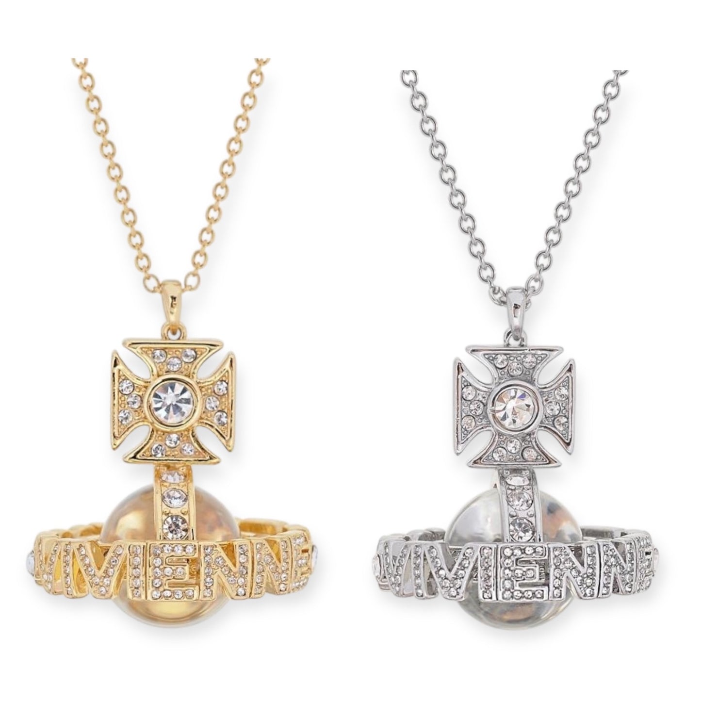 Multi Gem Studded Spellout Text Clear Orb Necklace Gold & Silver (2 Colors)