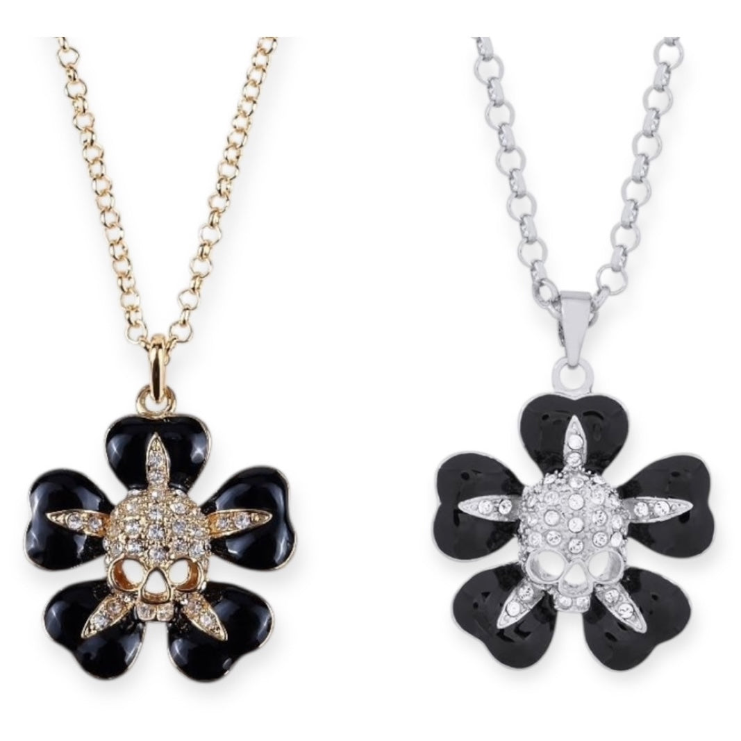 Flower Petals Skull Gem Pendant Necklace Gold & Silver (2 colors)