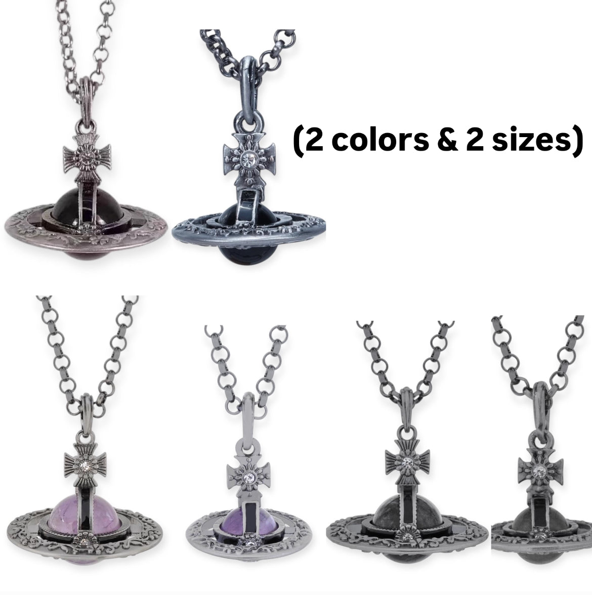 Detailed Gothic Orb Pendant Necklaces Purple & Dark Silver Colorways (20MM & 10MM)