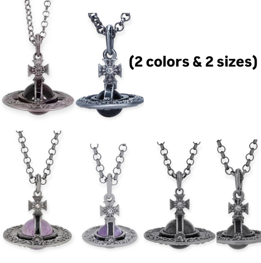 Detailed Gothic Orb Pendant Necklaces Purple & Dark Silver Colorways (20MM & 10MM)