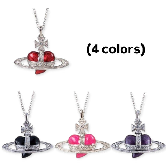 Heart Shape Planet Gem Orb Pendant Necklace (4 Colors)