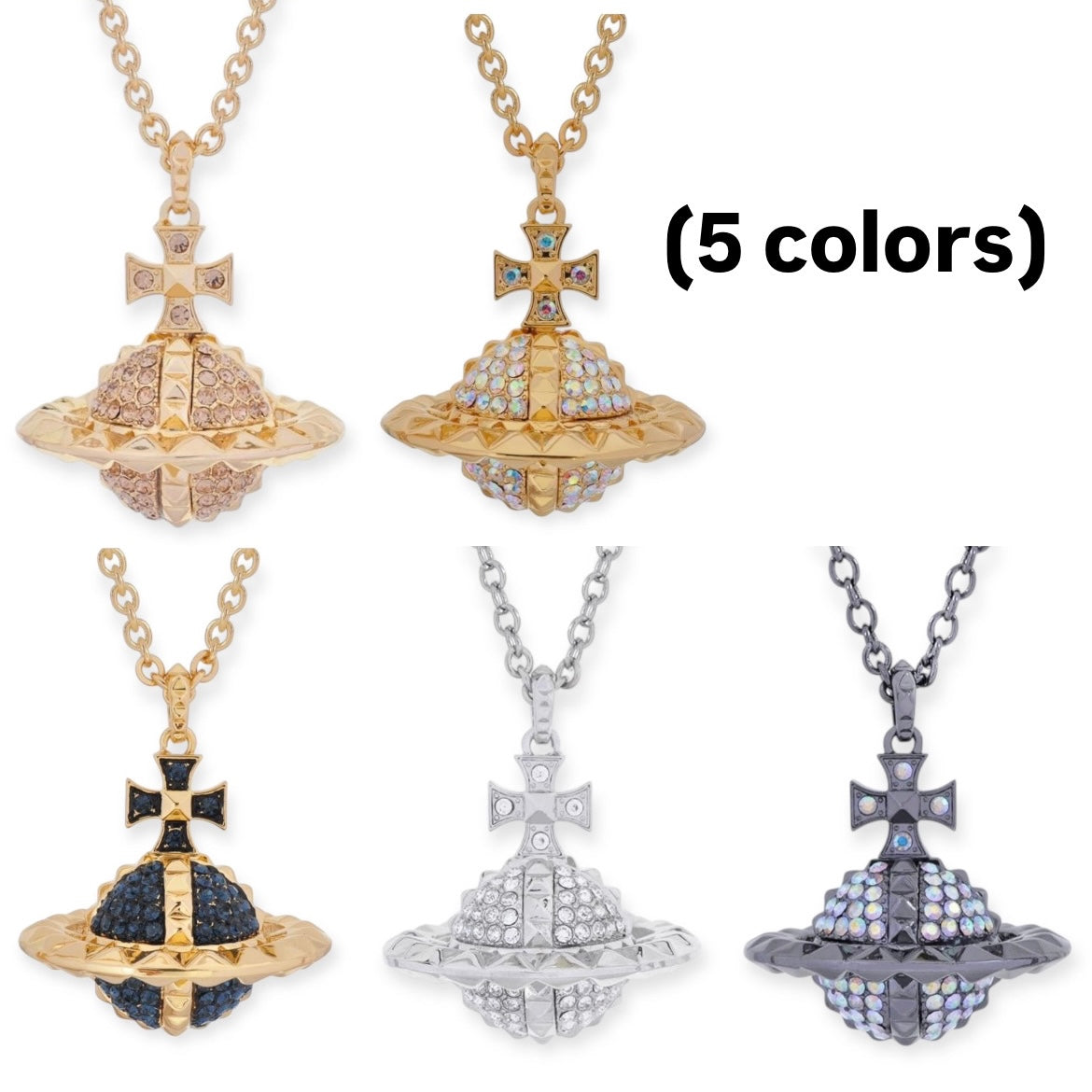 Spiked Edge Rim Gem Studded Orb Pendant Necklace (5 Colors)