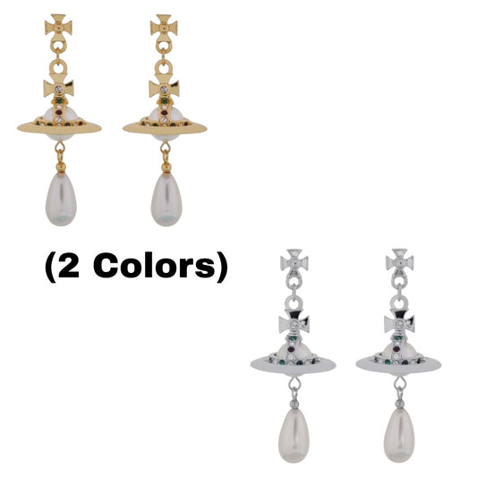 Beaded Pearl Orb Tear Drop Pendant Earrings Gold & Silver (2 Colors)