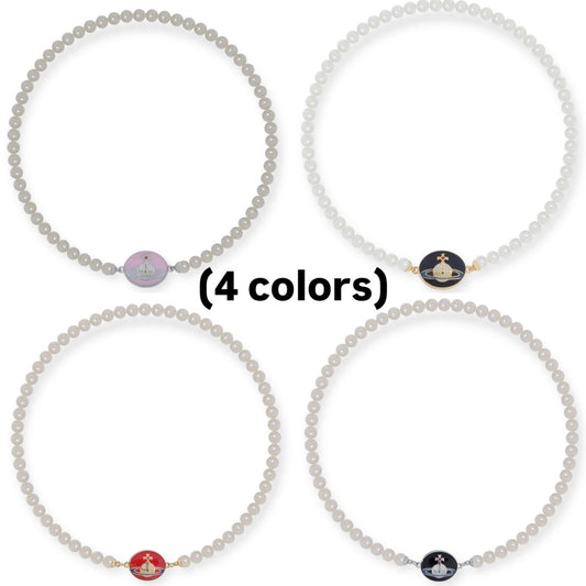 Beaded Pearl Chain Orb Engraved Pendant Magnetic Clasp Choker Necklace (4 Colors)