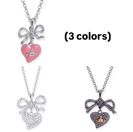 Heart Shaped Gem Studded Orb Pendant Necklace (3 colors)