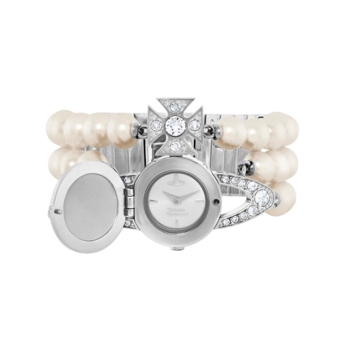 Beaded Pearl Strand Triple Layer Gem Orb Watch