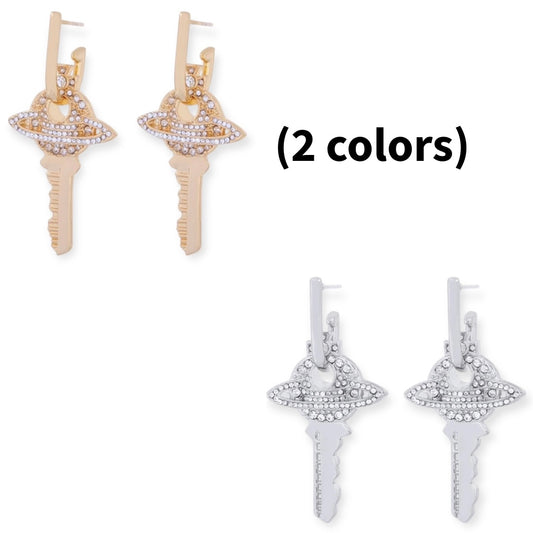 Key Pendant Silver Gem Studded Earrings Gold & Silver (2 Colors)