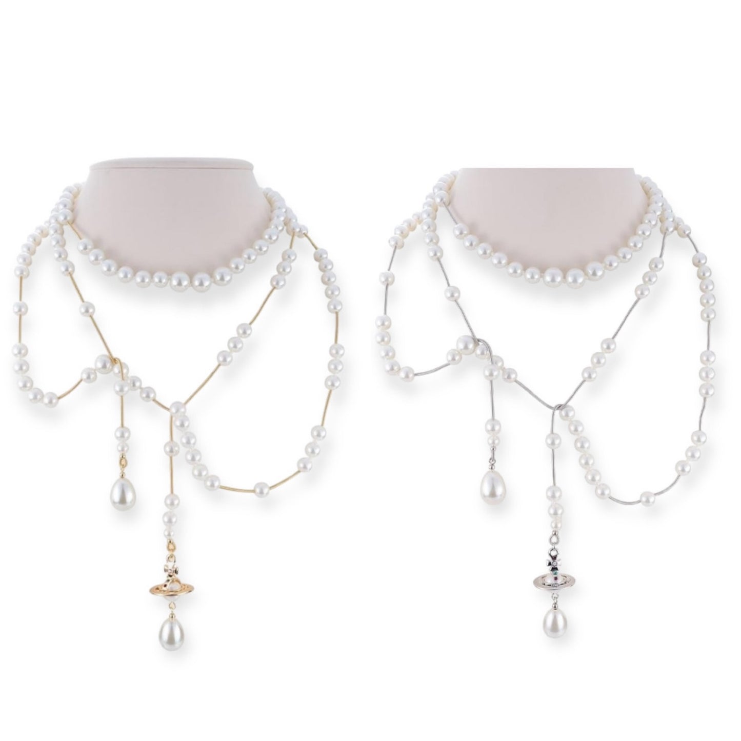 Multi Link Broken Pearl Water Drop Necklace Gold & Silver (2 colors)