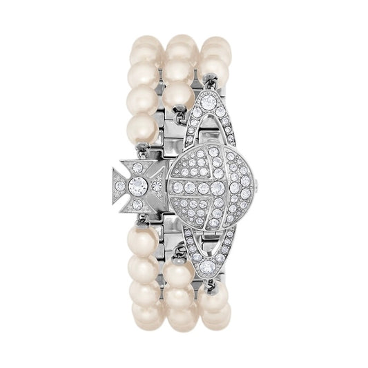 Beaded Pearl Strand Triple Layer Gem Orb Watch
