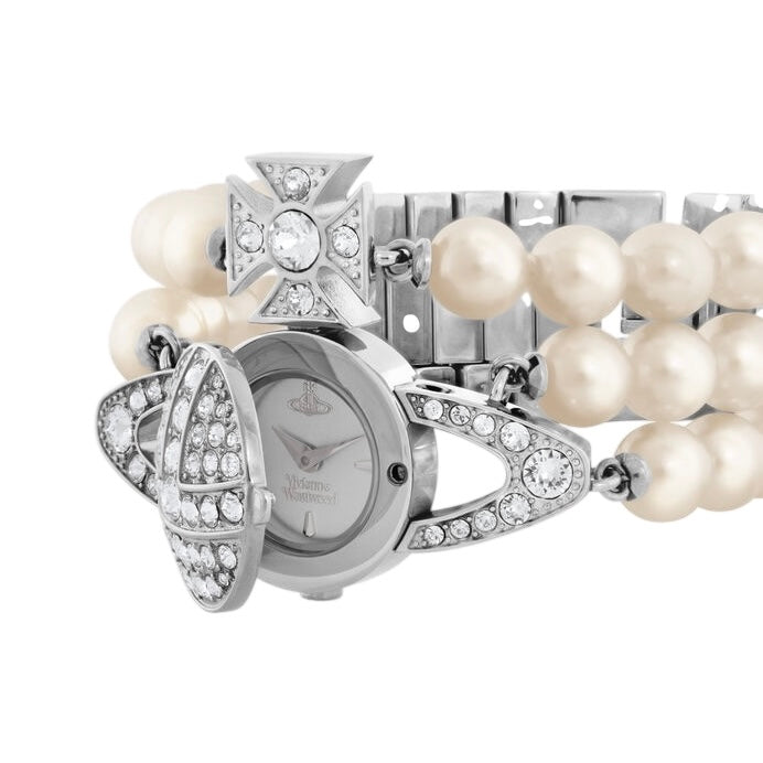 Beaded Pearl Strand Triple Layer Gem Orb Watch