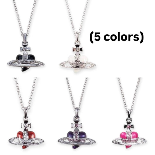Mini Heart Shape Shaped Orb Design Pendant Silver Chain Necklace (5 Colors)