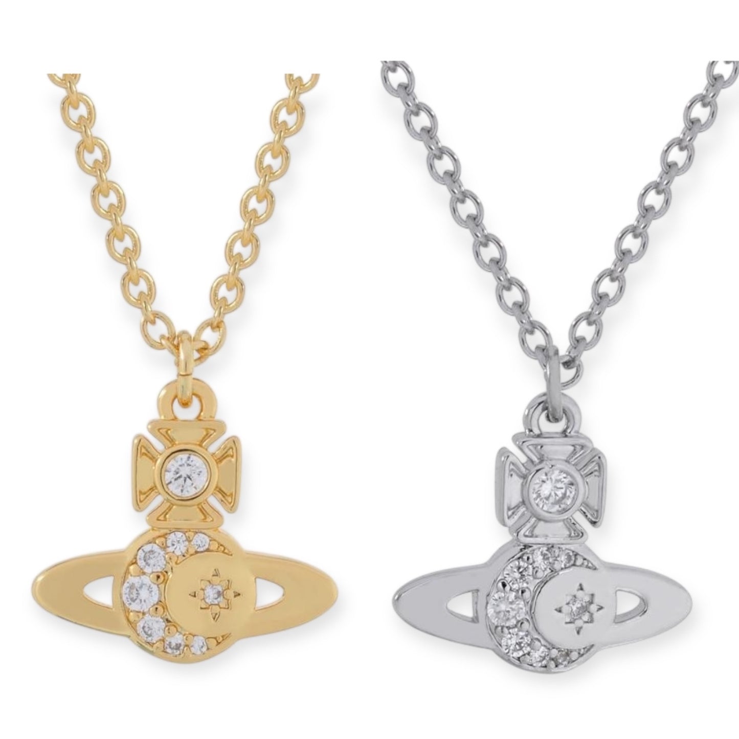 Gem Studded Crescent Moon Stars Display Orb Pendant Necklace Gold & Silver (2 Colors)