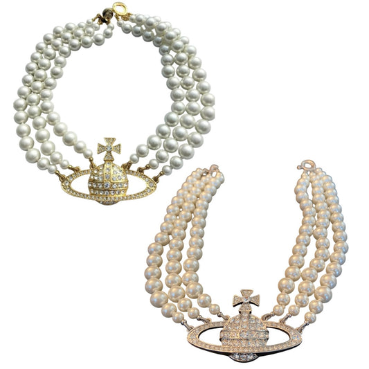 Triple Layer Beaded Orb Pendant Necklace Gold & Silver (2 colors)