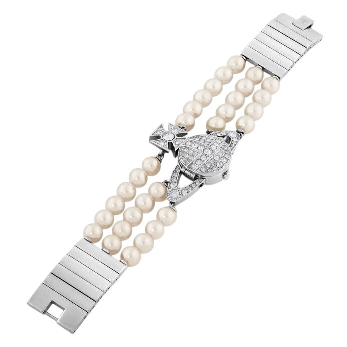 Beaded Pearl Strand Triple Layer Gem Orb Watch