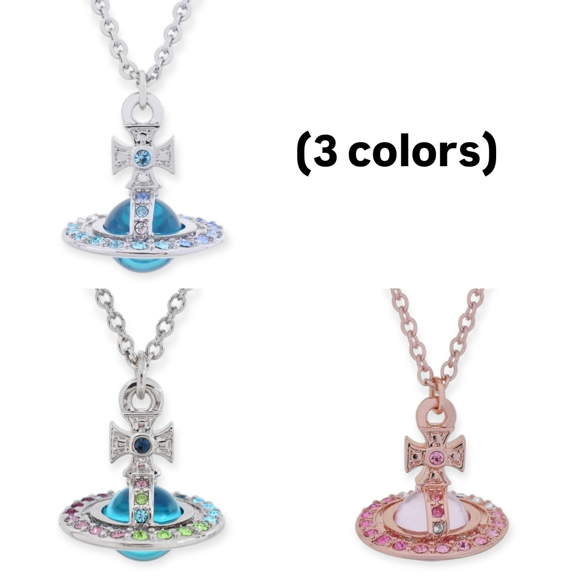 Multi Colored Gem Studded Rim Orb Pendant Necklace (3 Colors)