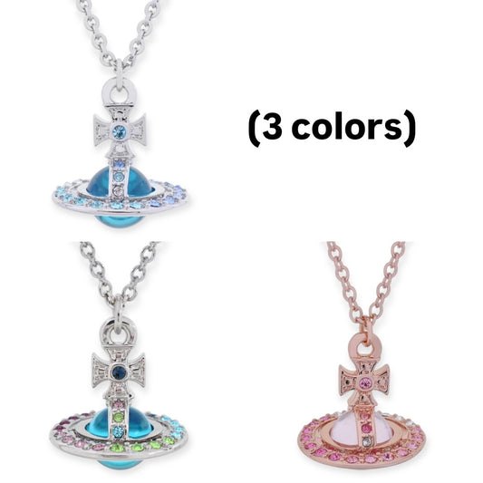 Multi Colored Gem Studded Rim Orb Pendant Necklace (3 Colors)