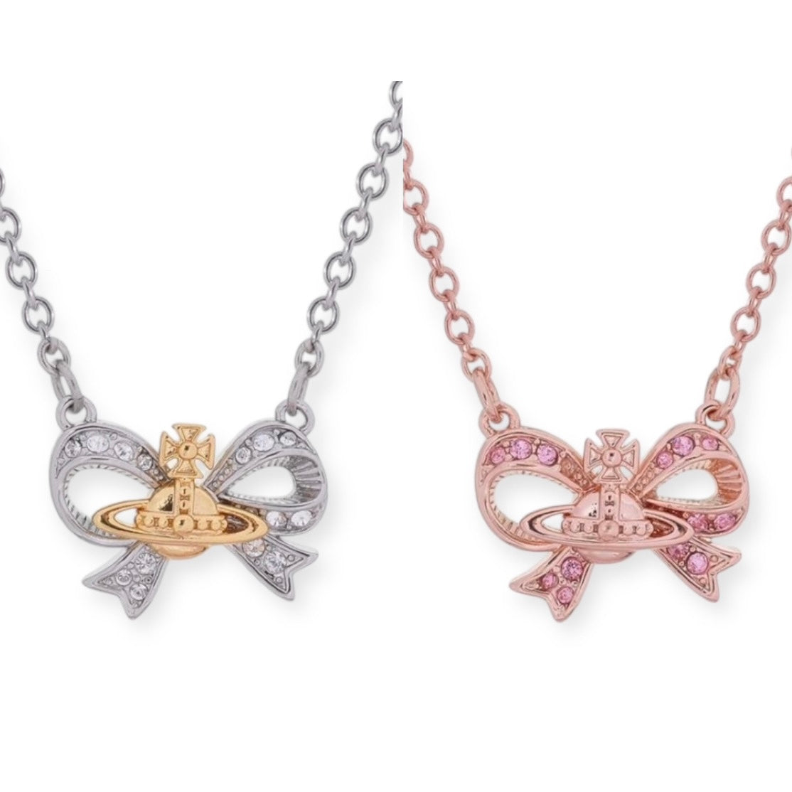Gem Studded Ribbon Bow Orb Pendant Necklace Silver & Rose Gold (2 Colors)