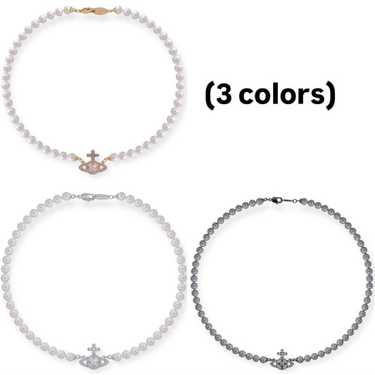 Beaded Pearl Gem Studded Pendant Orb Necklace (3 Colors)