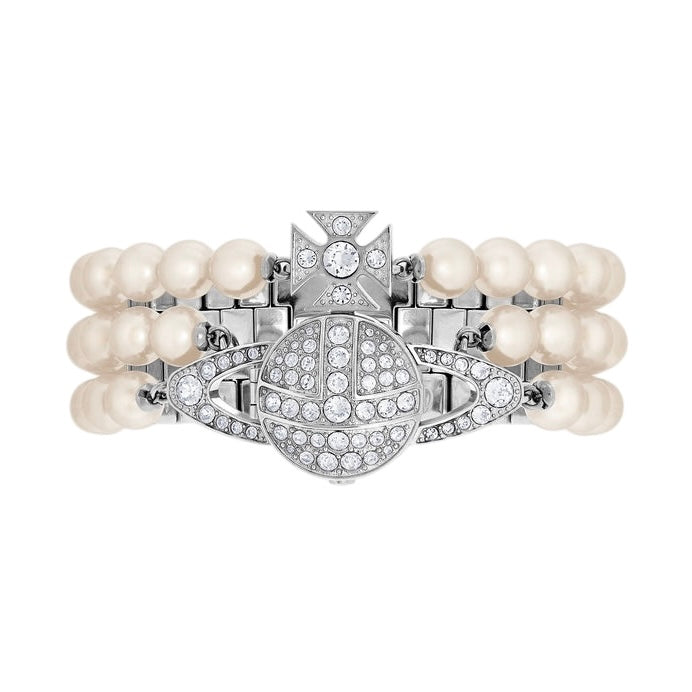 Beaded Pearl Strand Triple Layer Gem Orb Watch