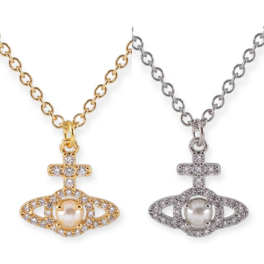 Gem Studded Orb Middle Pearl Pendant Necklace Gold & Silver (2 Colors)