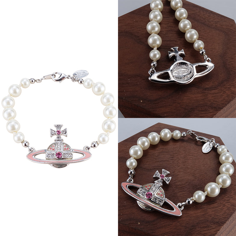 Pearl Beaded Pink & Silver Star Studded Pendant Bracelet