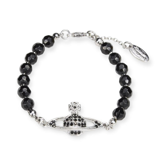 Black Beaded Crystal Pearl Silver Orb Pendant Bracelet