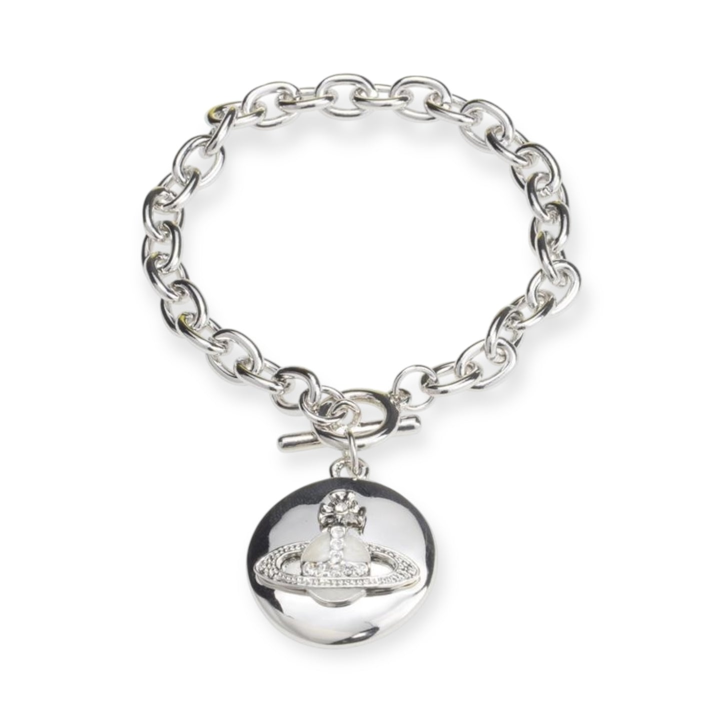 Circle Plate White Opal Orb Pendant Silver Bracelet