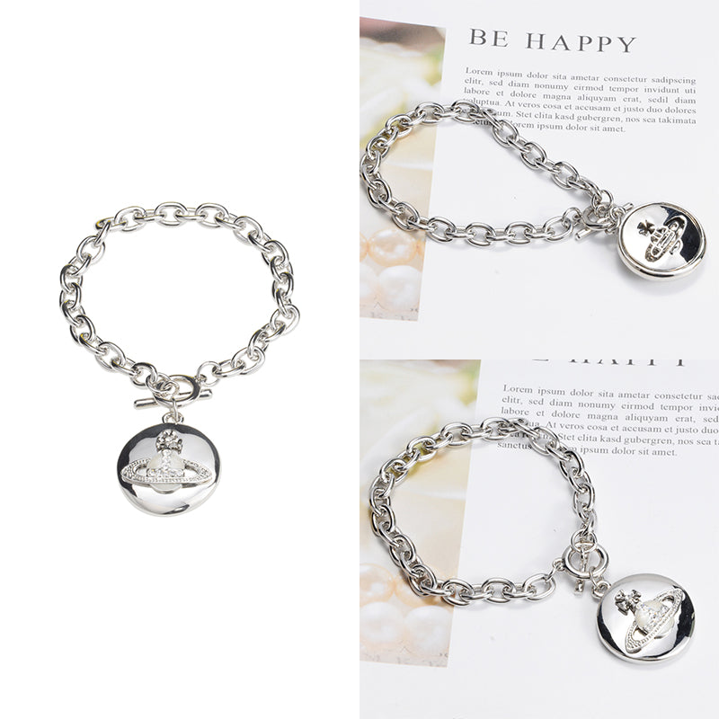 Circle Plate White Opal Orb Pendant Silver Bracelet