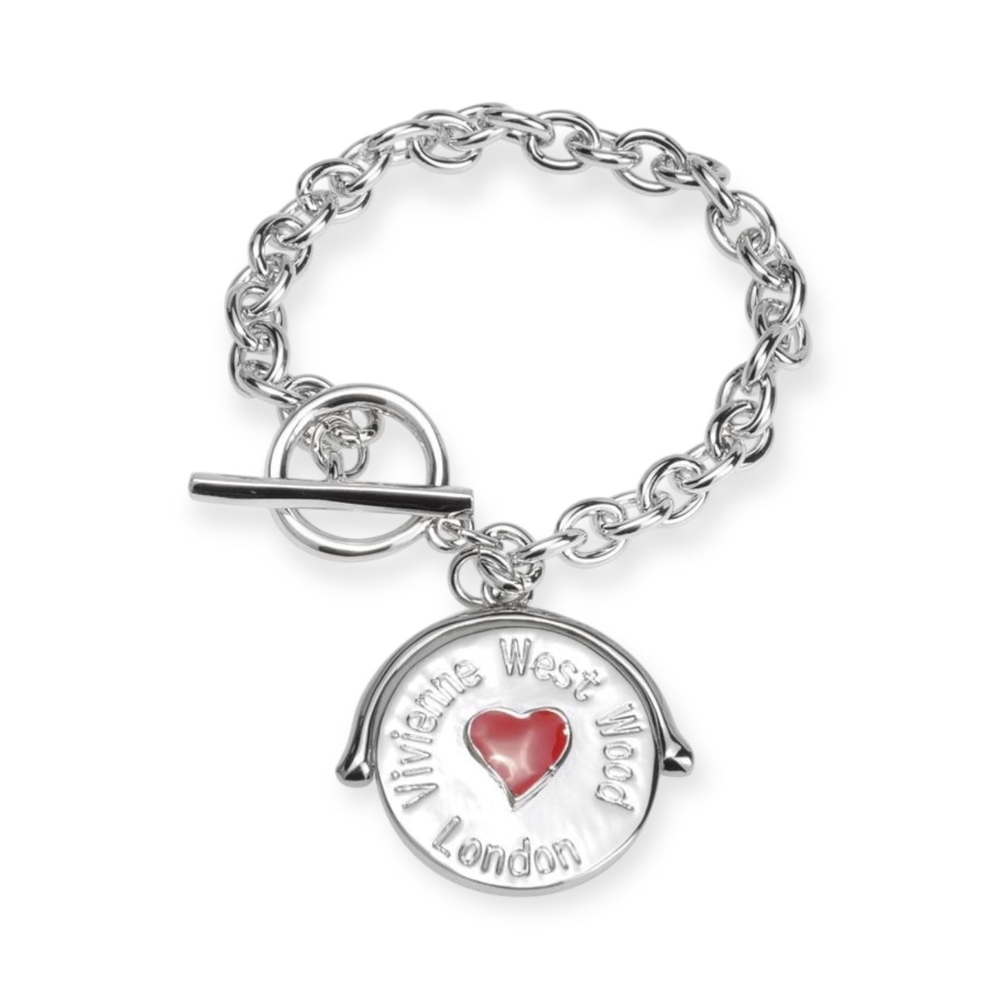 Circle Red Heart London Love Chain Link Silver Bracelet