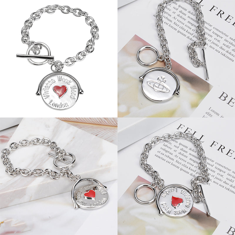 Circle Red Heart London Love Chain Link Silver Bracelet