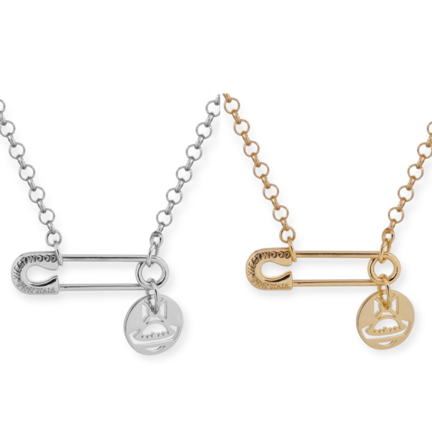 Safety Pin Hanging Cutout Orb Design Pendant Necklace Gold & Silver (2 Colors)