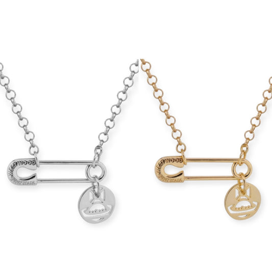 Safety Pin Hanging Cutout Orb Design Pendant Necklace Gold & Silver (2 Colors)