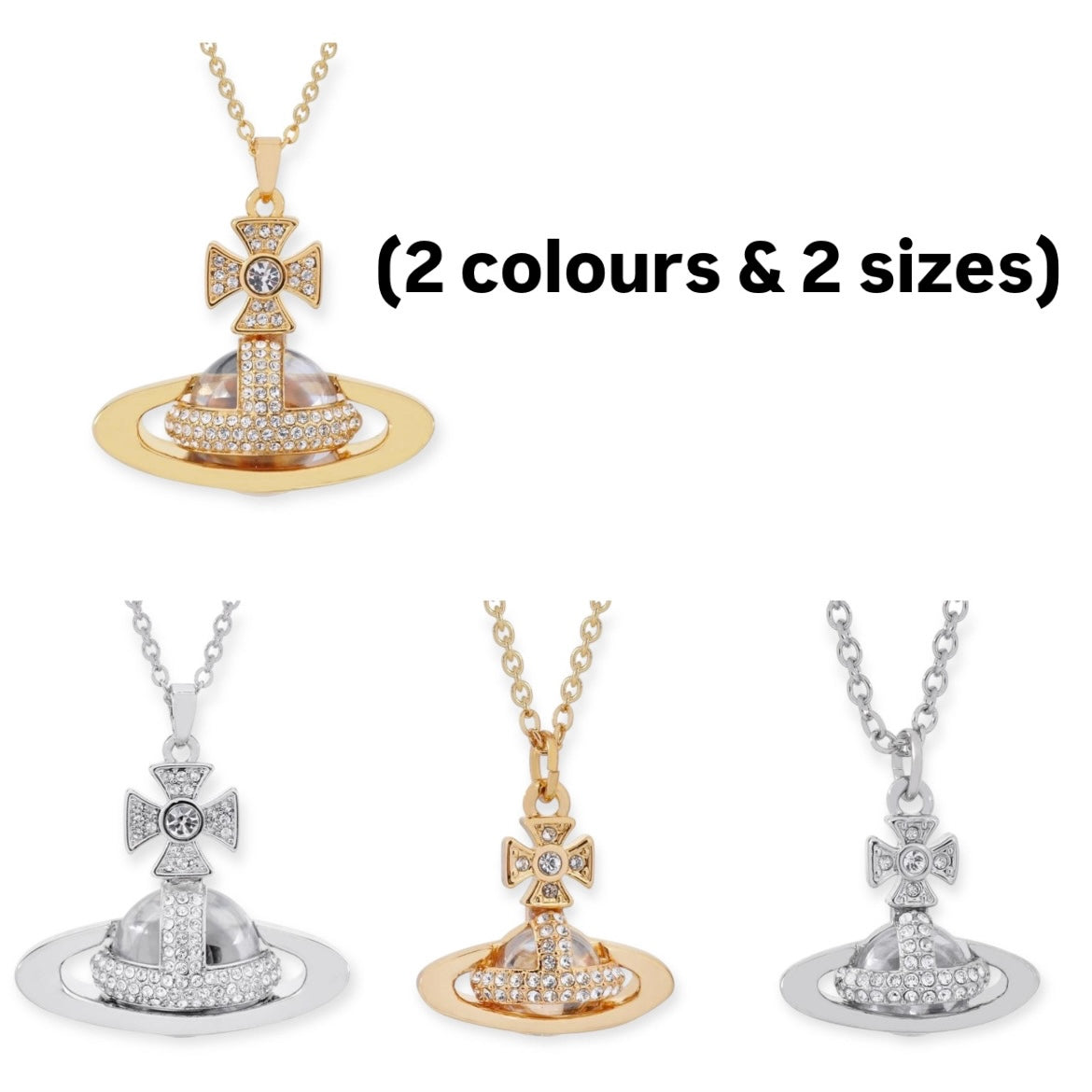 2D Gem Studded Clear Orb Pendant Necklace Gold & Silver (2 Colors & 2 Sizes)