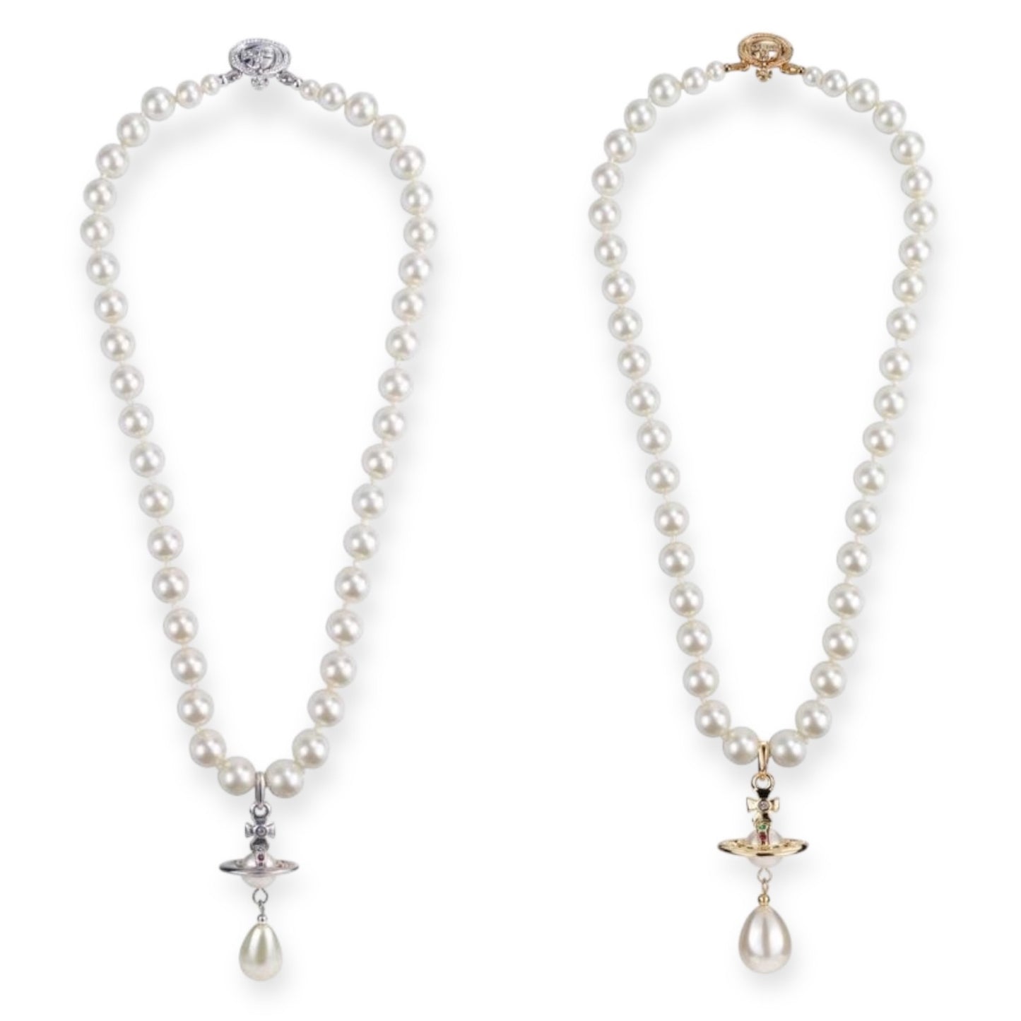 Beaded Tear Drop Pearl Orb Pendant Necklace Gold & Silver (2 colors)