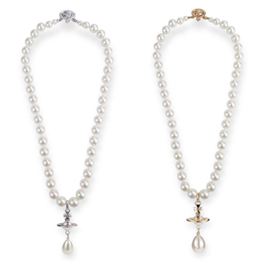 Beaded Tear Drop Pearl Orb Pendant Necklace Gold & Silver (2 colors)