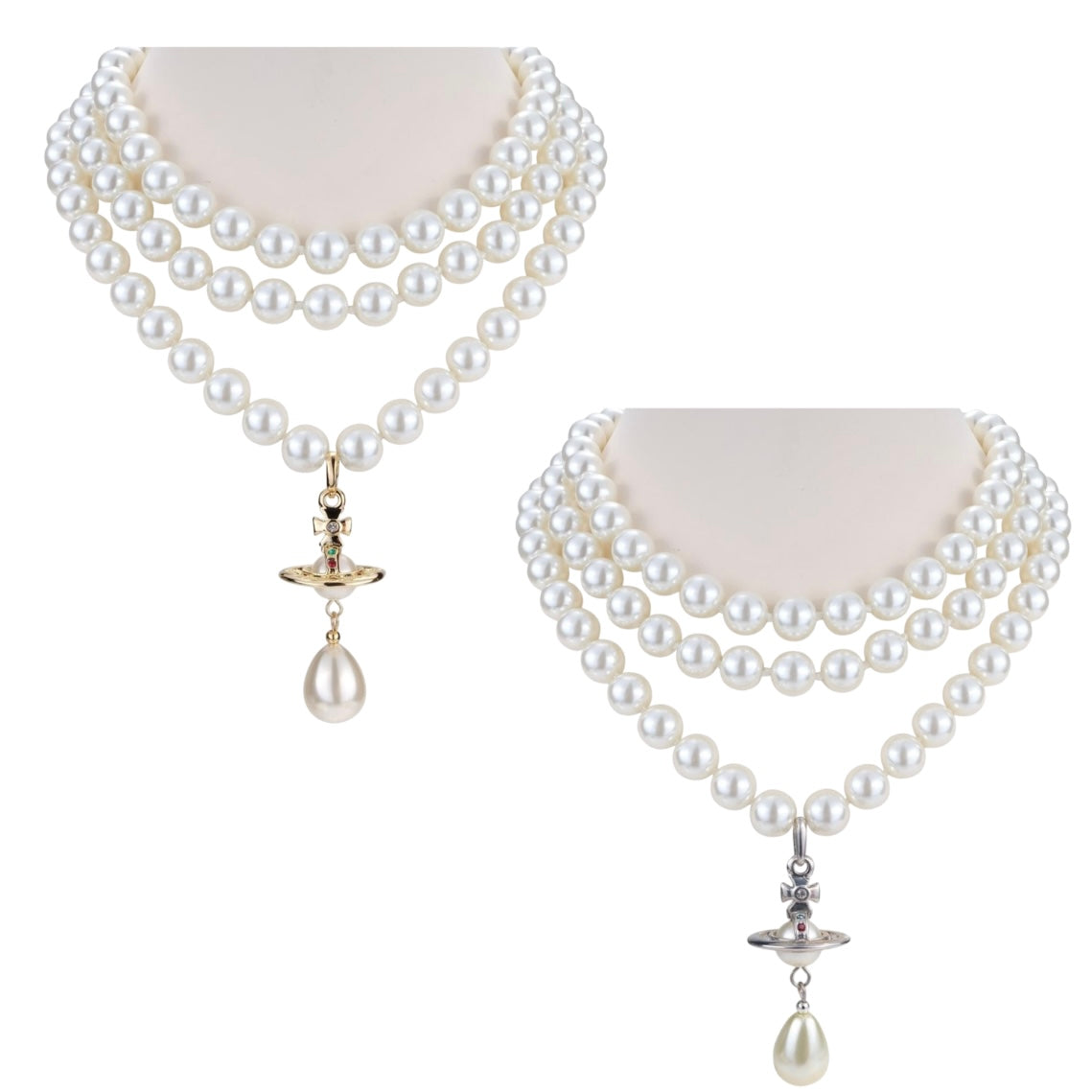 Triple Layer Beaded Pearl Orb Tear Drop Pendant Necklace Gold & Silver (2 colors)