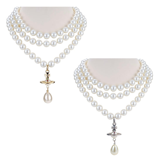 Triple Layer Beaded Pearl Orb Tear Drop Pendant Necklace Gold & Silver (2 colors)