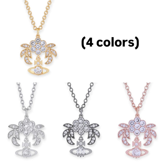 Flower Studded Leaves Mini Gem Orb Hanging Pendant Necklace (4 Colors)