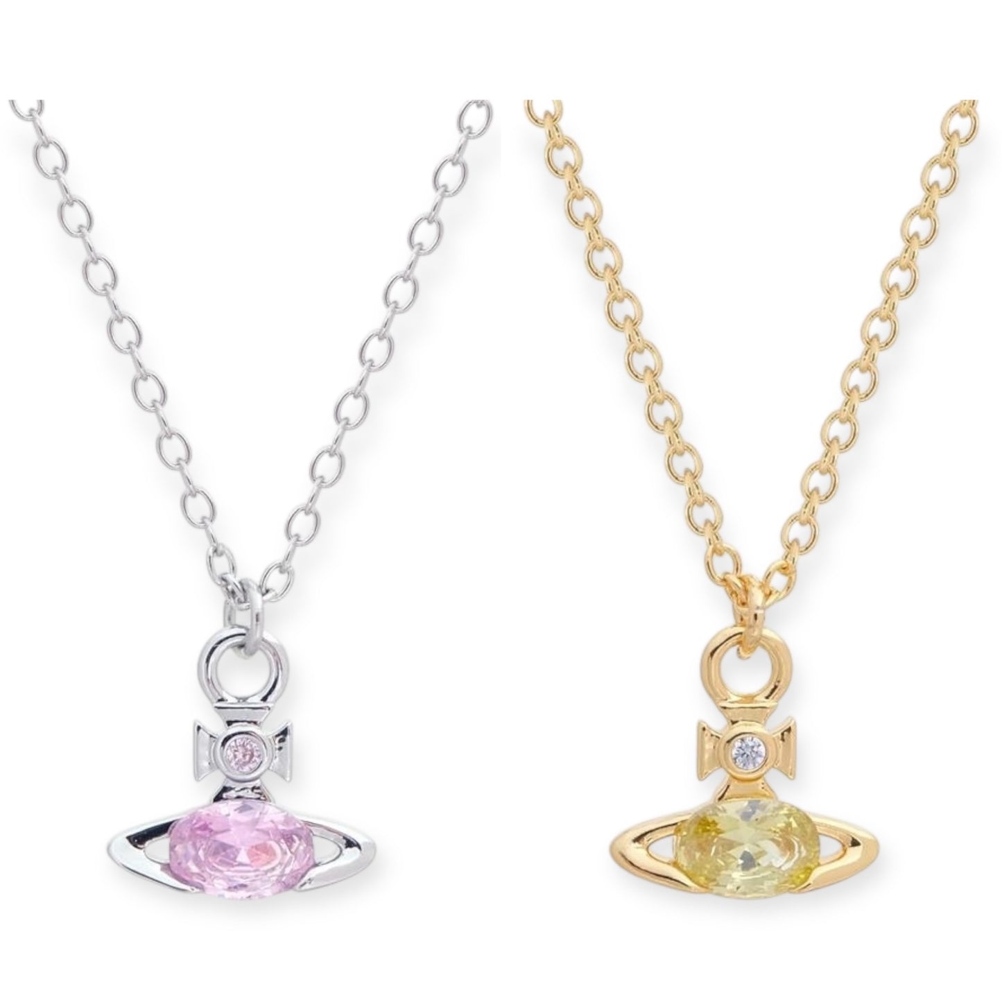 Mini Oval Gemstone Orb Pendant Necklace Pink & Green (2 Colors)