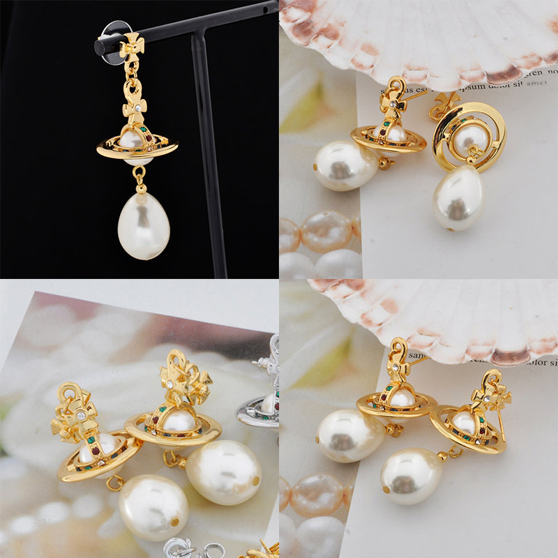 Jumbo Pearl Tear Drop Orb Pendant Earrings Gold & Silver (2 Colors)