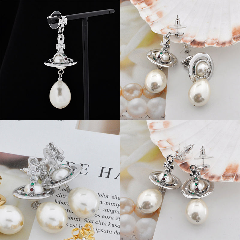 Jumbo Pearl Tear Drop Orb Pendant Earrings Gold & Silver (2 Colors)