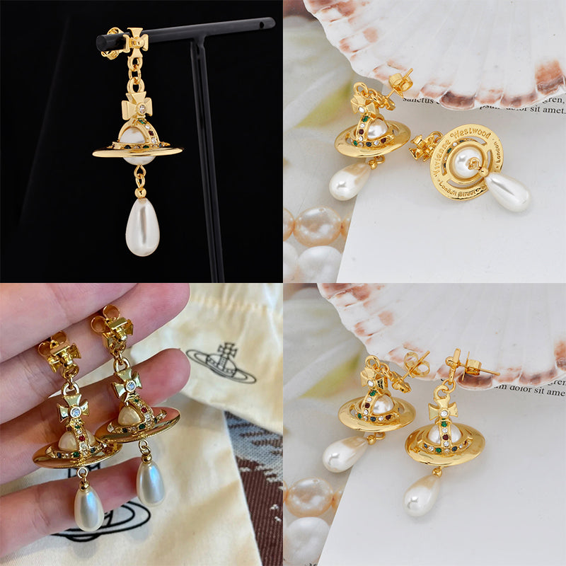 Beaded Pearl Orb Tear Drop Pendant Earrings Gold & Silver (2 Colors)