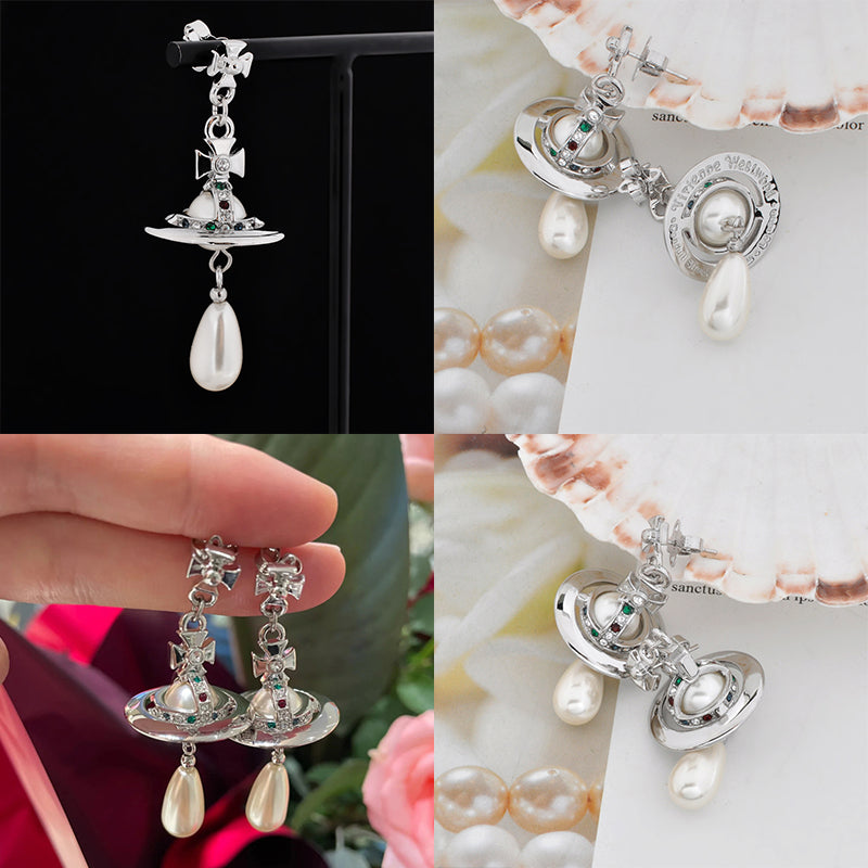 Beaded Pearl Orb Tear Drop Pendant Earrings Gold & Silver (2 Colors)