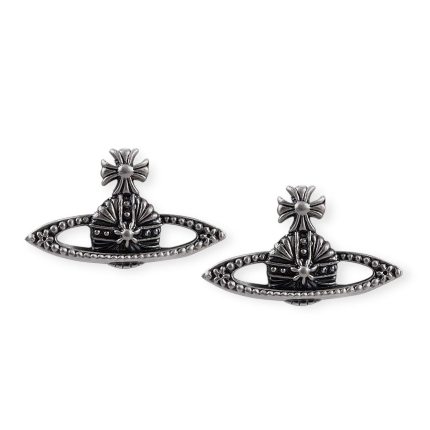 Dark Silver Flower Pattern Pendant Orb Silver Earrings